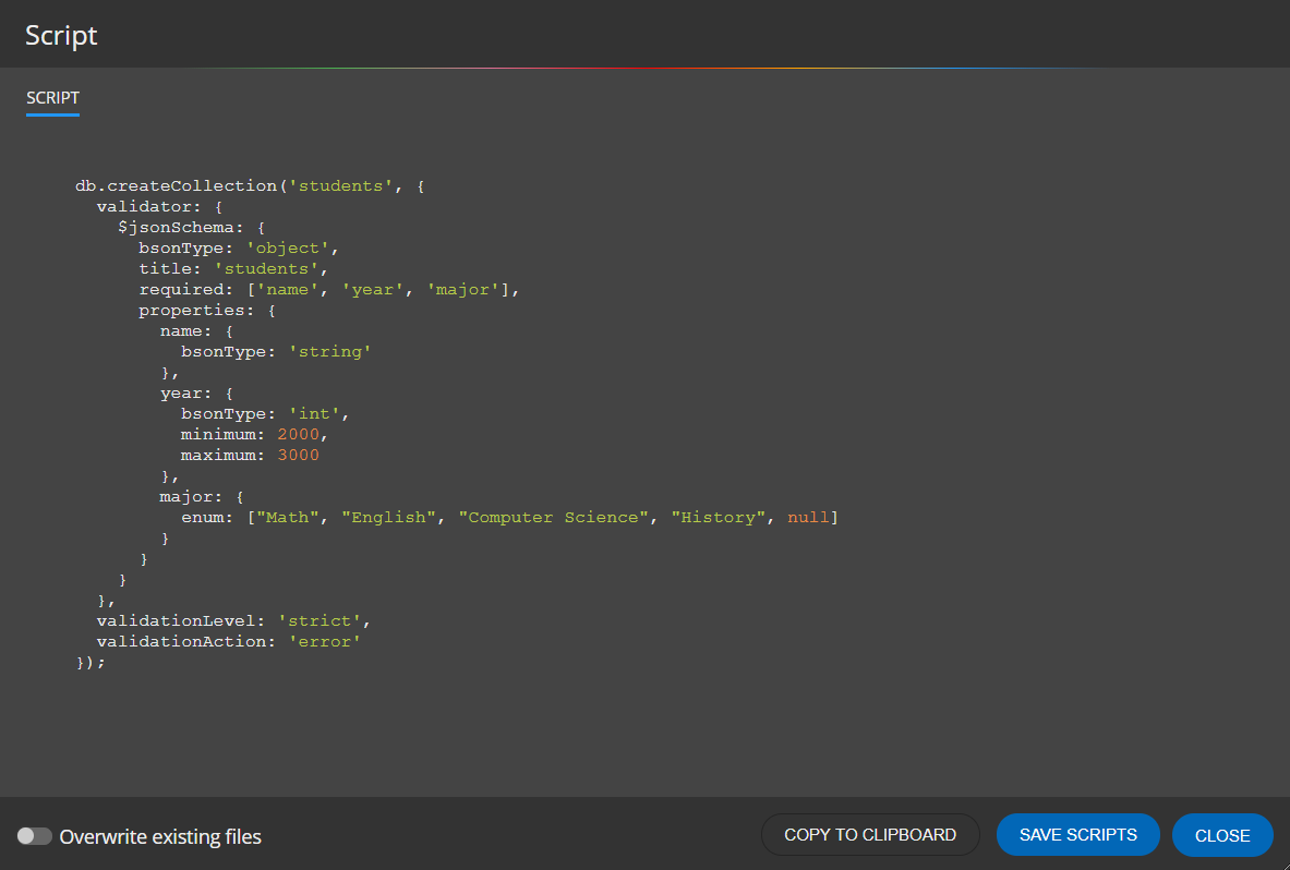 Generated MongoDB schema validation script