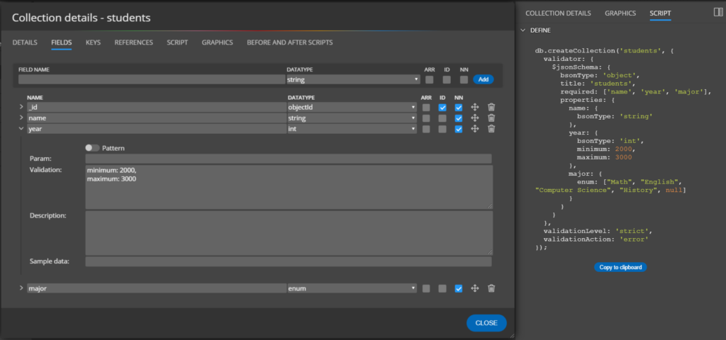 Moon Modeler and MongoDB collection properties, field validation settings and generated schema validation script.