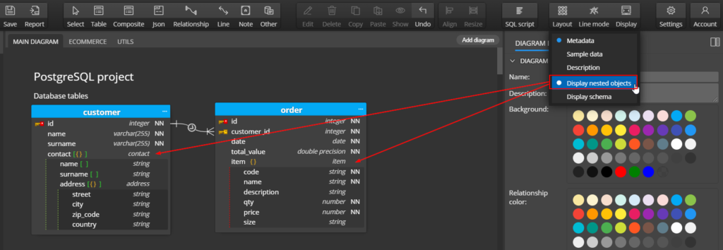 Show or hide nested objects in ER diagram