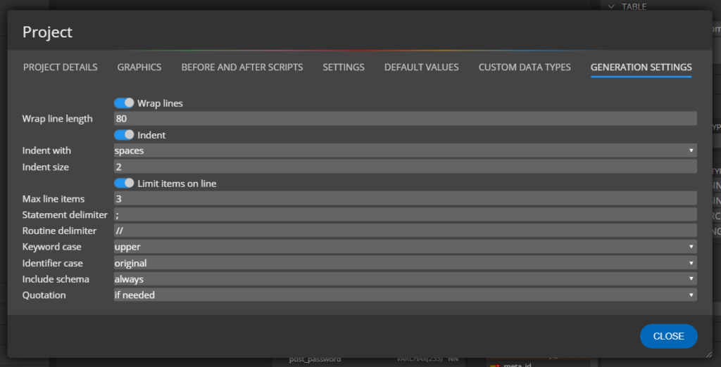 generation settings for SQL script