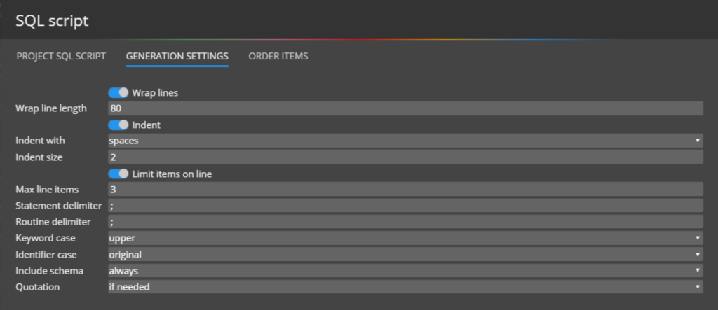 sql database creator - settings for SQL scripts