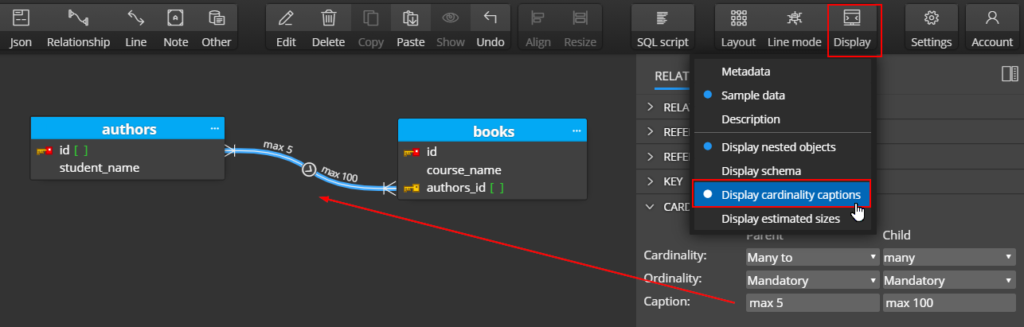 captions for cardinality settings