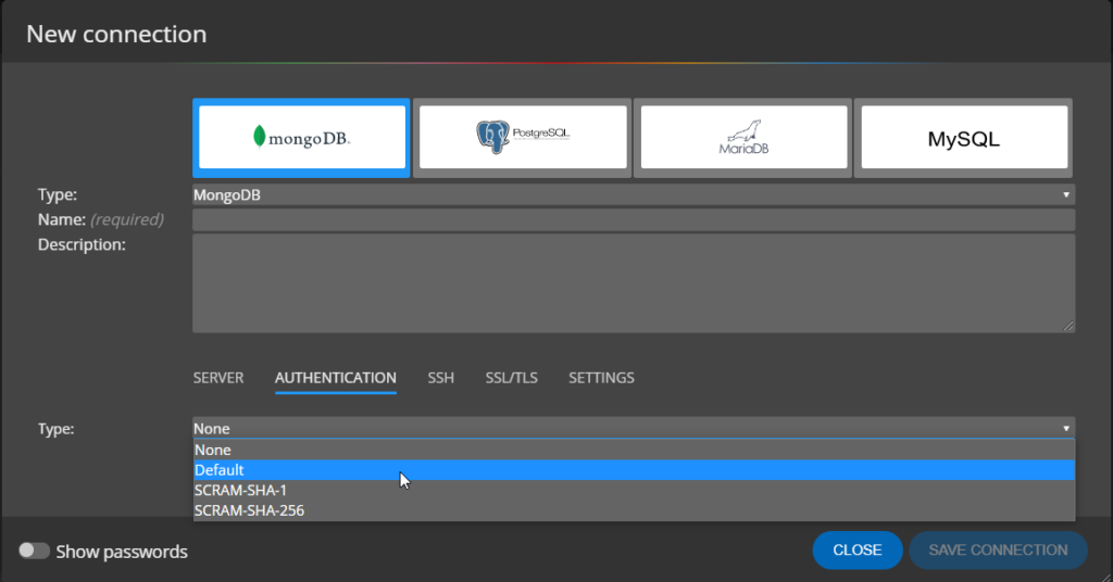 mongodb connection settings