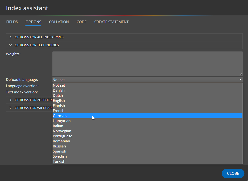 mongodb index options