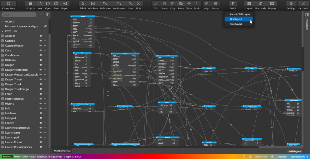 Imported GraphQL schema - diagram in Moon Modeler