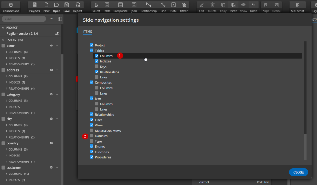 selected object types in side navigation settings