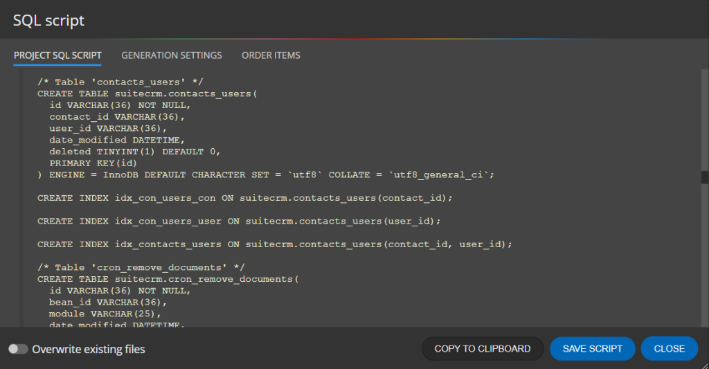 Generated SQL script for MariaDB