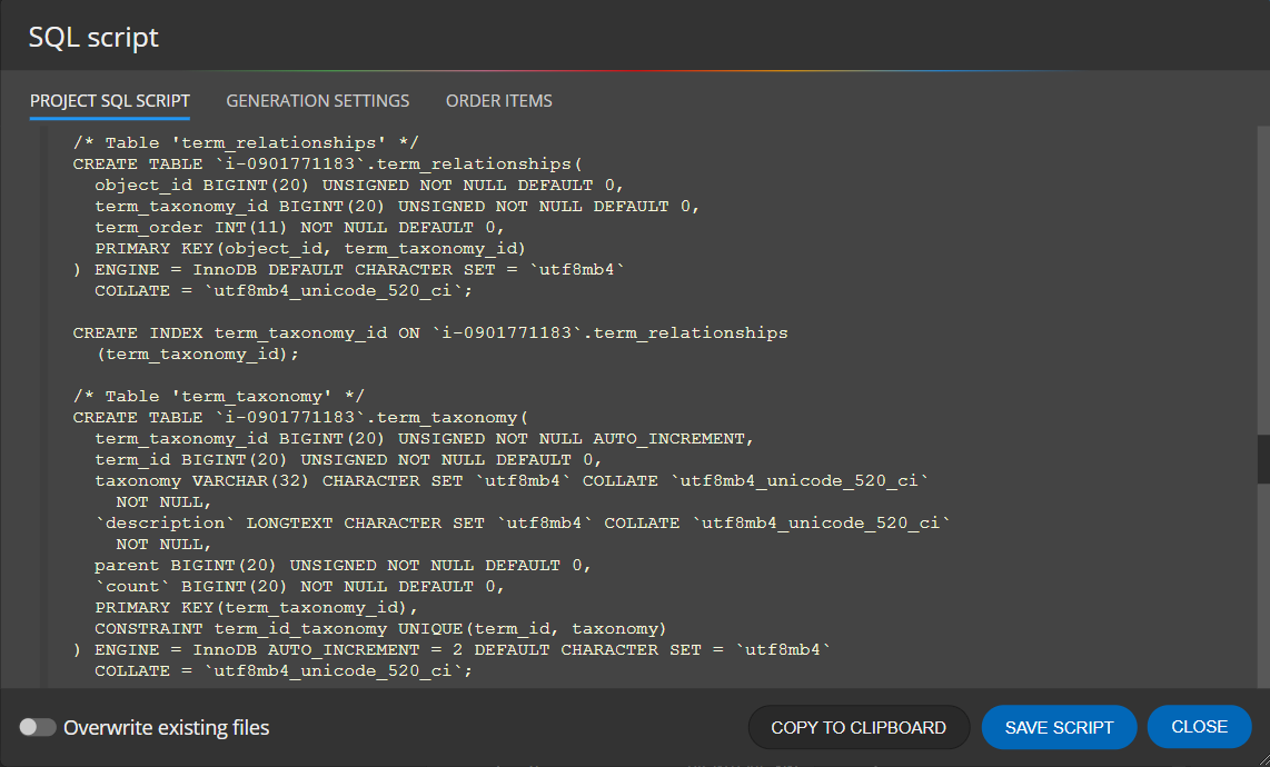 SQL Script generated for MySQL