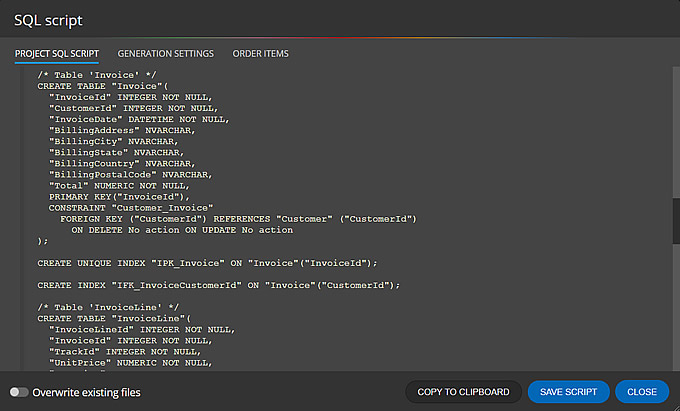 Generated DDL script for SQLite