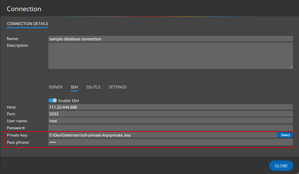 ssh connection and private key
