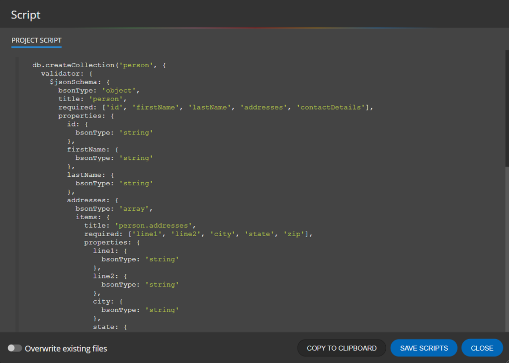 Script generated for CosmosDB API for MongoDB