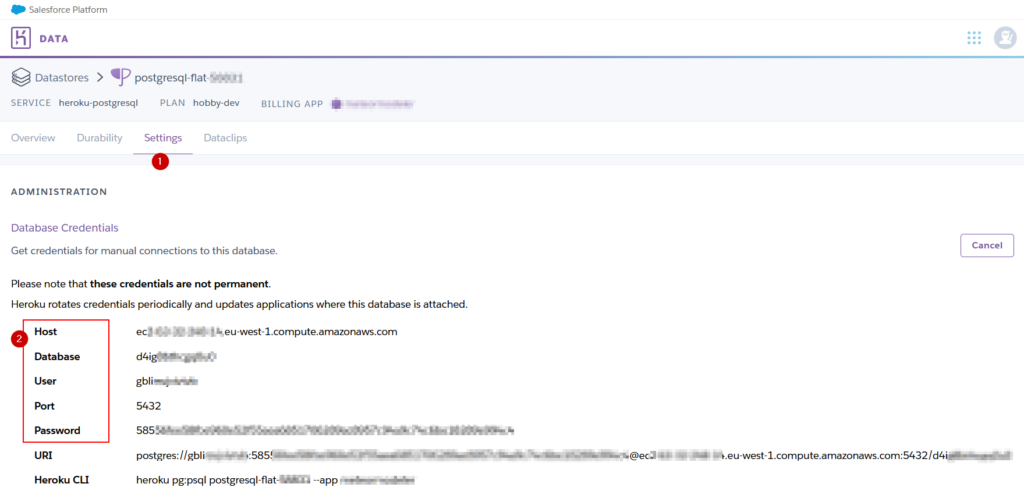Heroku Postgres - database credentials