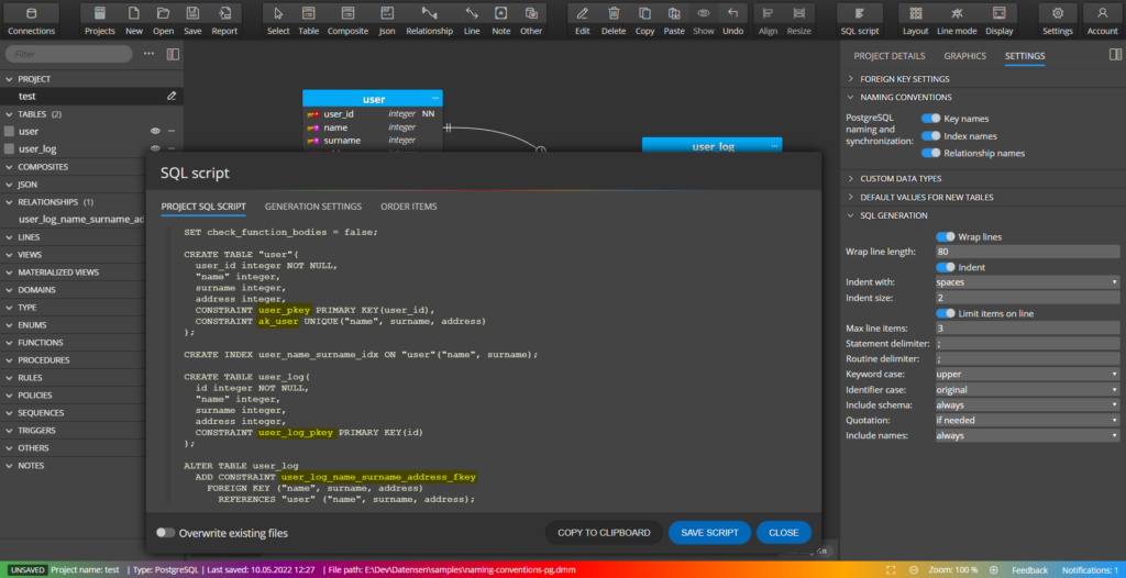 Generated script with objects named accordingly to the settings.