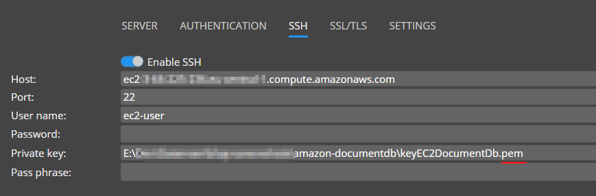 DocumentDB SSH Settings