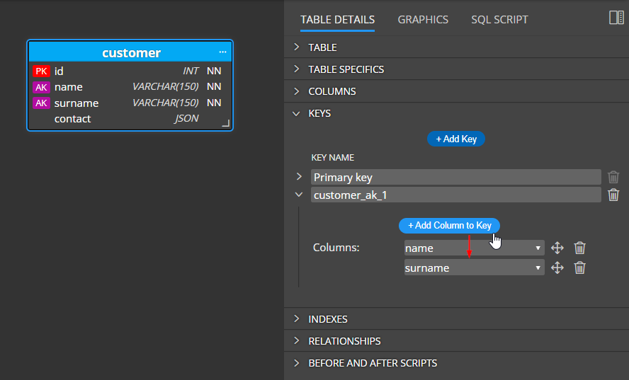 multiple columns in a key