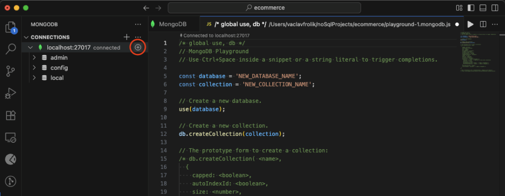 Adding a new database in VS Code with the MongoDB extension.