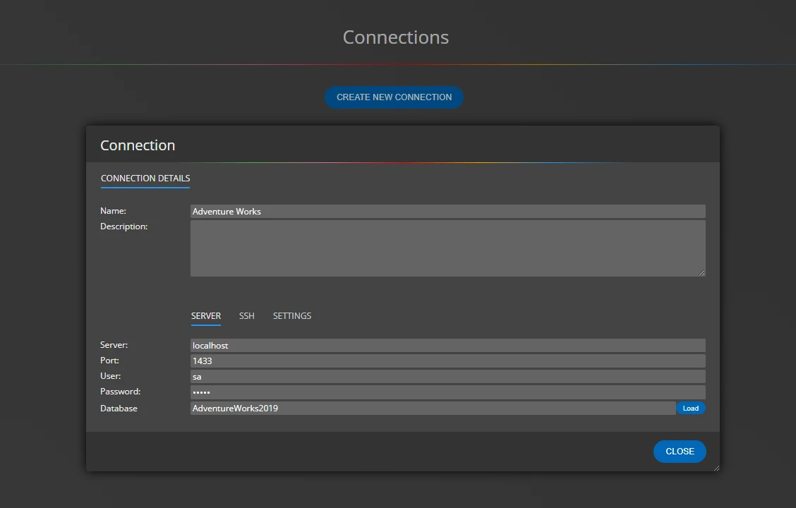 Connection to SQL Server database - AdventureWorks sample