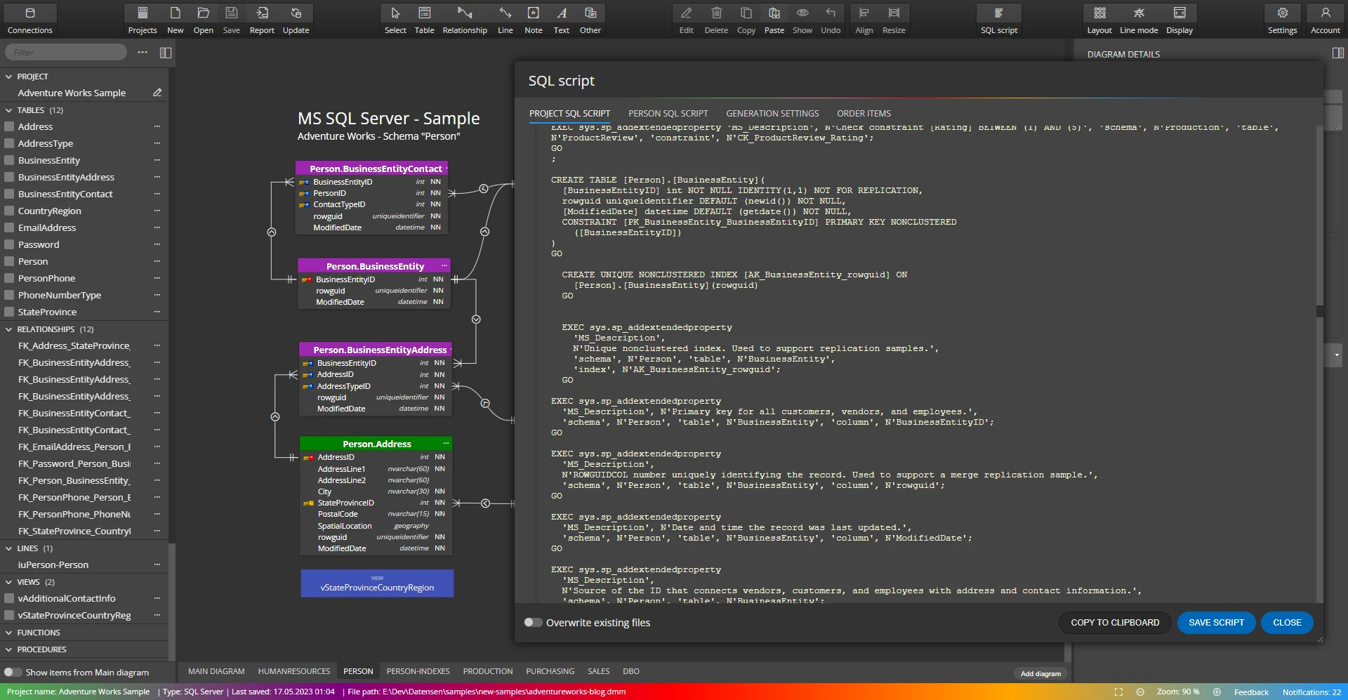 SQL Script generated from ER Diagram  for the AdventureWorks sample database.