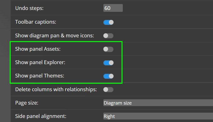 Luna Modeler - application settings and options for showing and hiding panels Assets, Explorer and Themes.