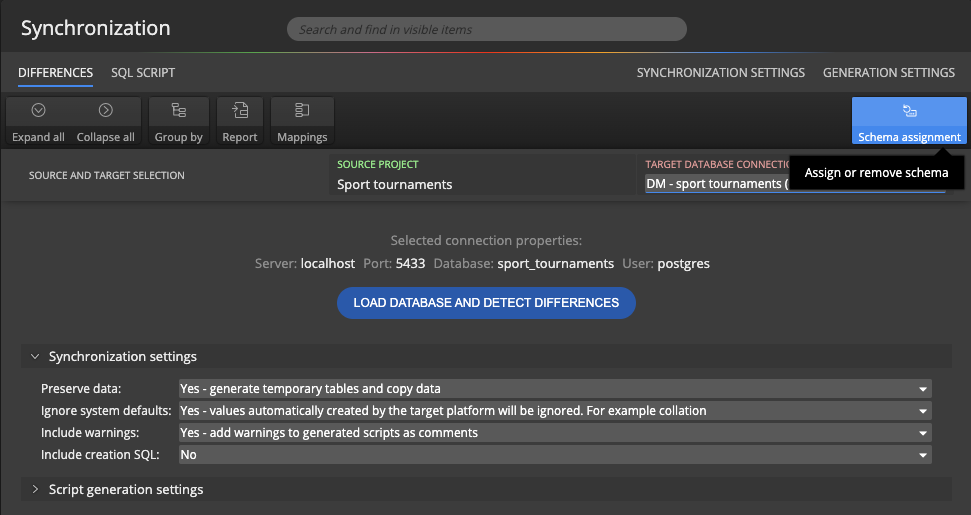 How to assign schema in Luna Modeler - from the Synchronization form.