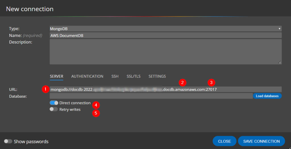 AWS connection properties to Document DB