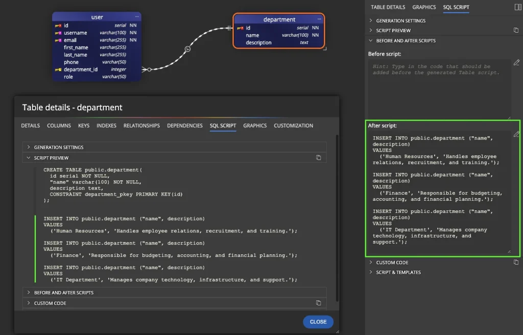 Before and After script sections in Table Properties in Luna Modeler.