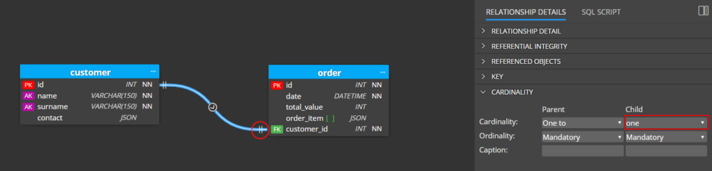 relationship and the cardinality settings