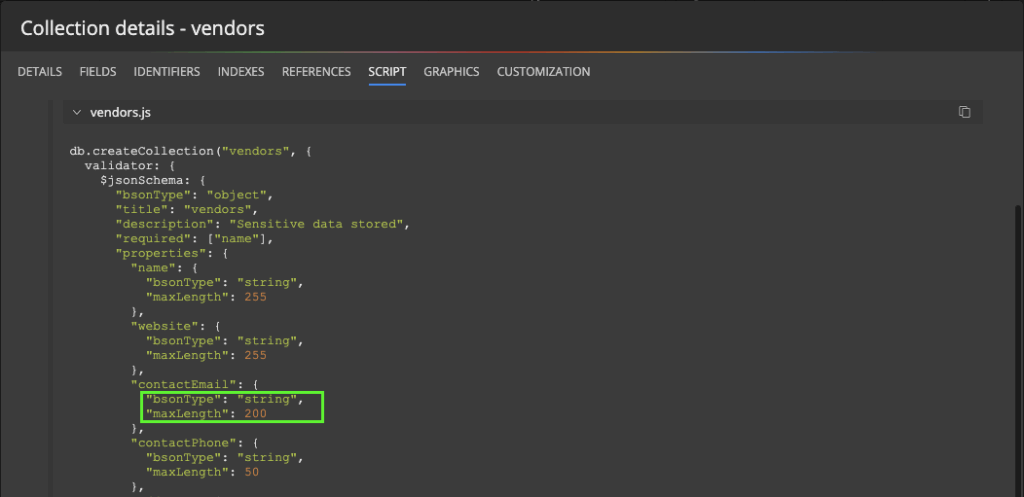 Validation script generated for MongoDB