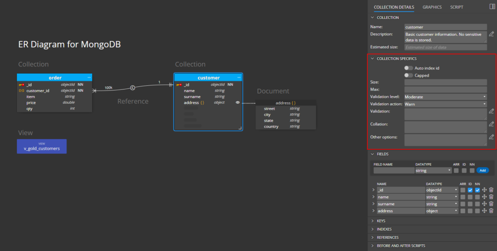 Collection specifics in ER diagram for MongoDB.