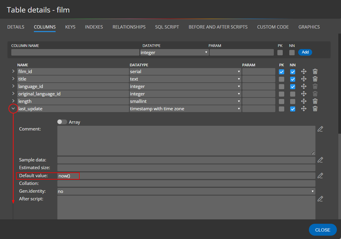 Table columns - PostgreSQL