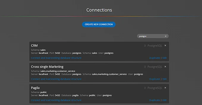 A list of postgreSQL database connections stored in Luna Modeler - database design tool for PostgreSQL