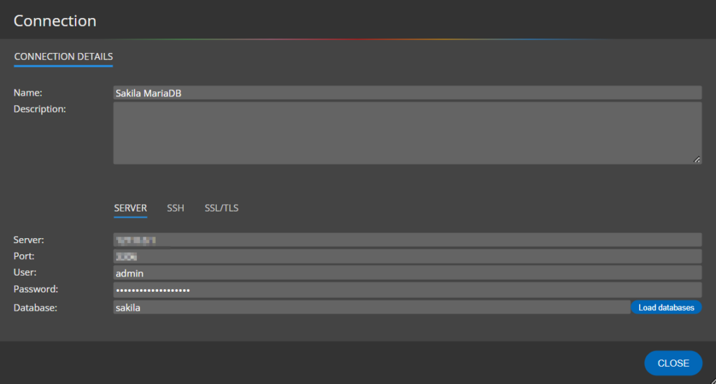 MariaDB database connection detail