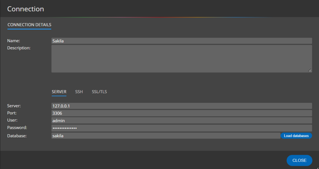 MySQL connection details