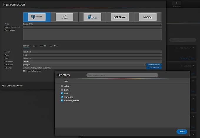 Connection for PostgreSQL and multiple schema selection