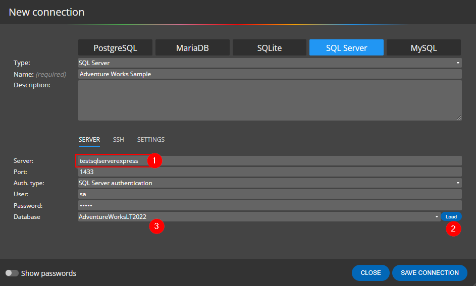 SQL Server Connection properties in Luna Modeler - database design tool