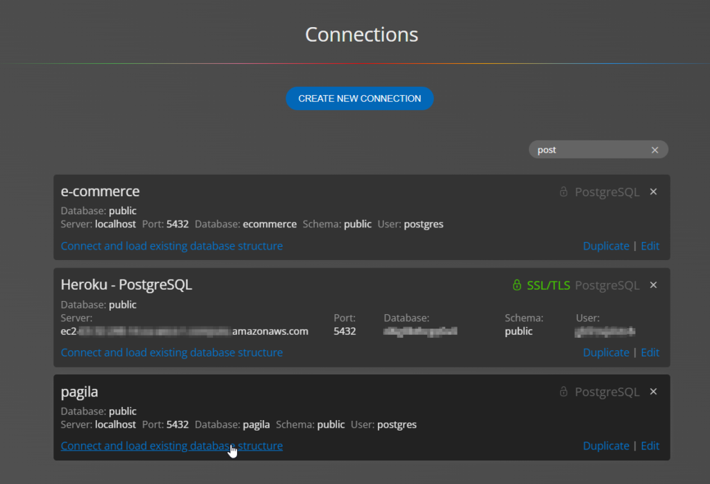 a list of postgresSQL database connections