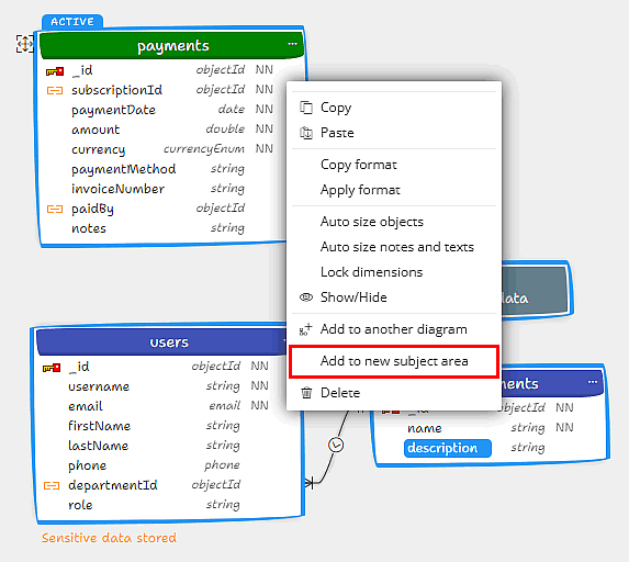 Adding selected objects to a new subject area in Moon Modeler using the context menu.