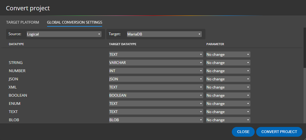 Datatype conversion settings