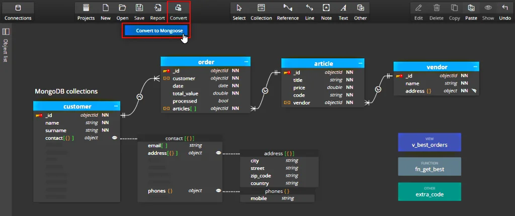 Conversion of MongoDB diagram to Mongoose project in Moon Modeler.