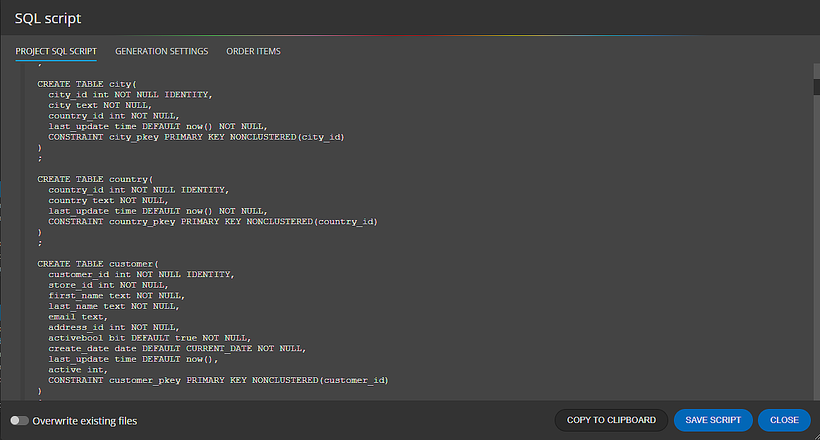 Generated SQL Script for the converted database schema