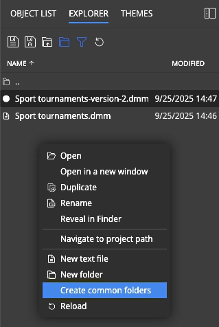 Context menu in the Explorer section in Luna Modeler. The screenshot shows how to create common folders.