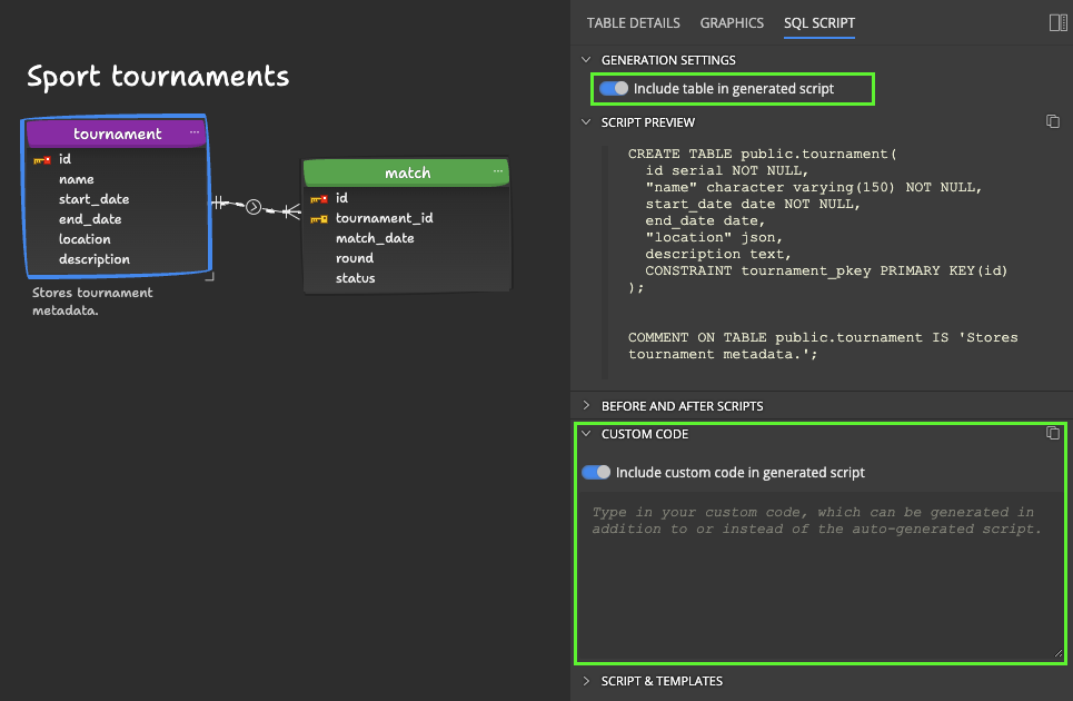 Settings for Auto-generated scripts and Custom code