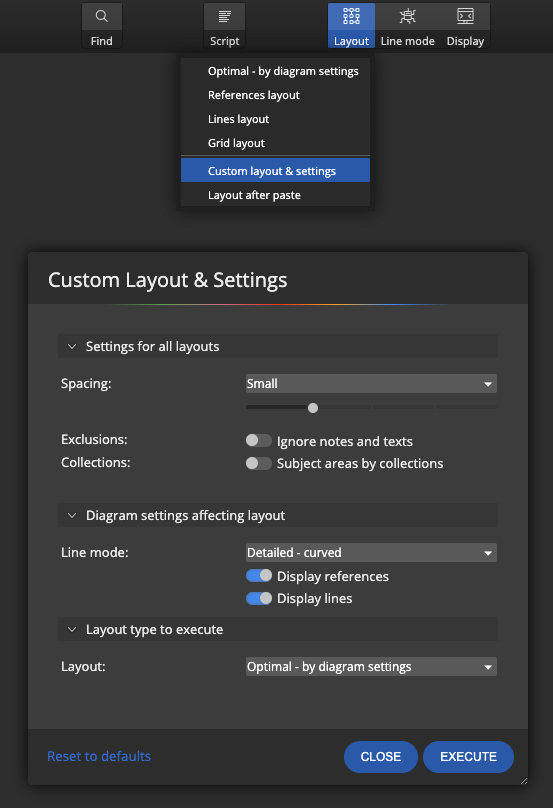 Custom layout and settings in Moon Modeler - data modeling tool for noSQL databases.