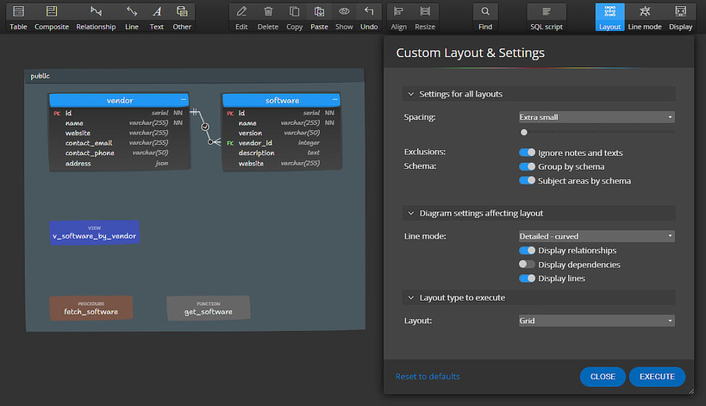 Image showing the Custom Layout and Settings form in Luna Modeler - database design tool.