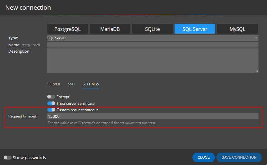 Custom Request Timeout settings for SQL Server specified in Luna Modeler - database design tool for SQL Server.