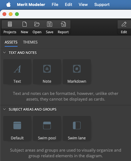 The Assets panel in Merit Modeler - freeware. The image shows additional elements that can be added to a data flow diagram - texts, notes, markdown notes, subject areas, swim pool or swim lane.