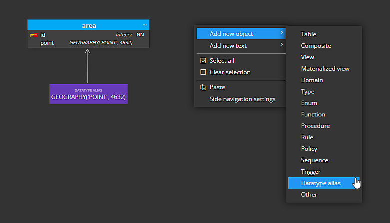 Context menu for adding new Datatype alias.