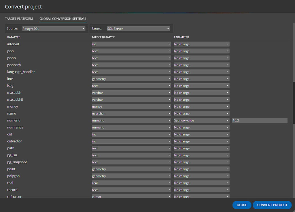 Datatype mappings for db schema conversion.