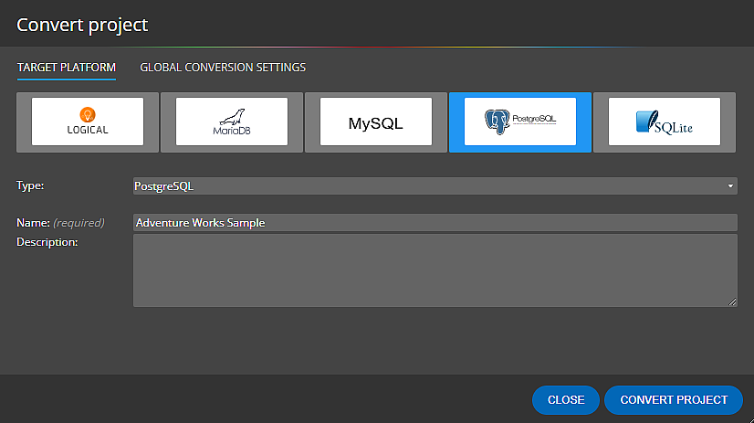 Database schema conversion - Modal form for target platform selection