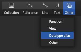 Main toolbar and item for adding a new datatype alias to a data model for noSQL created with Moon Modeler software.